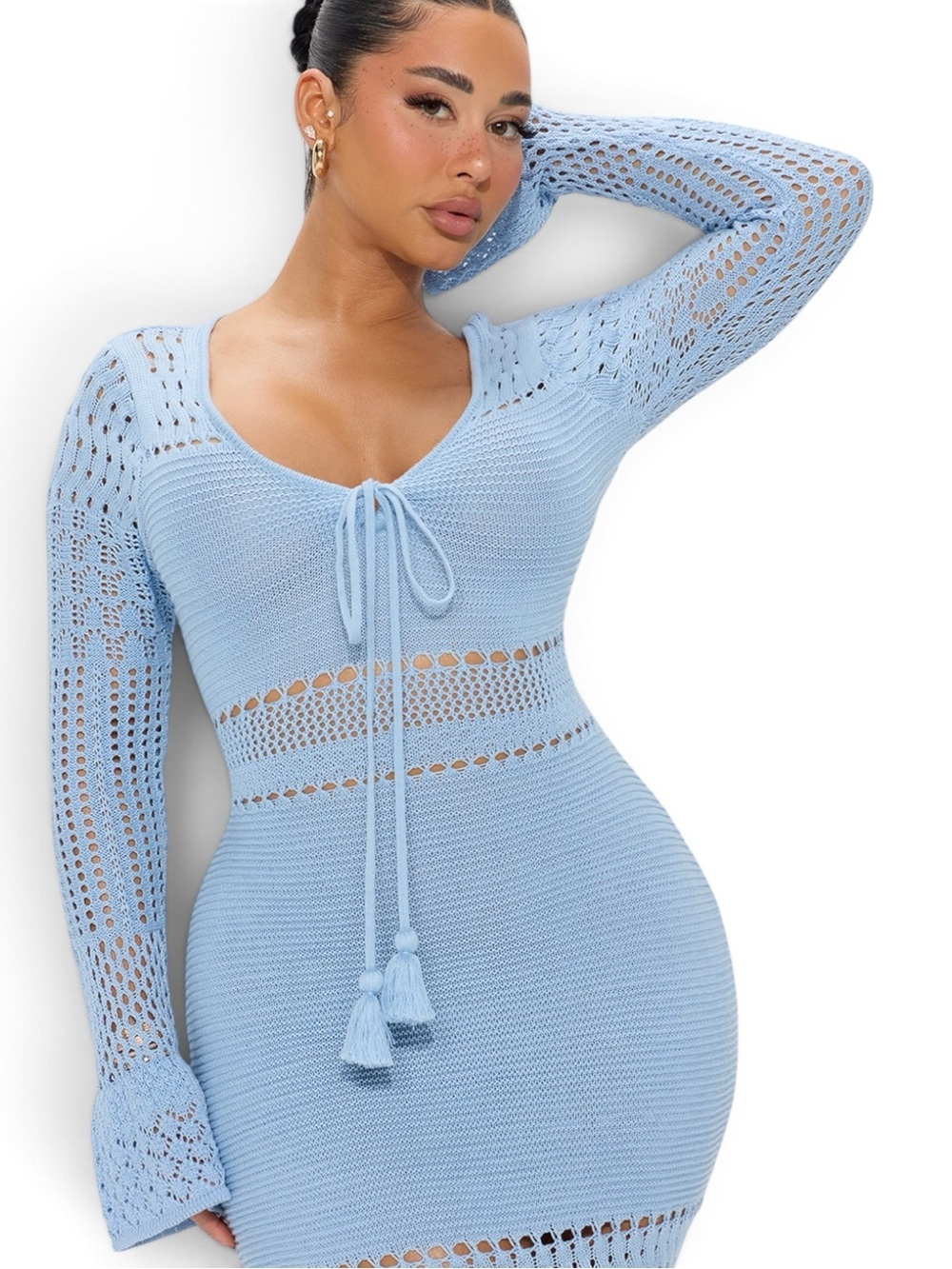 Fashion Nova Powder Blue Crochet Maxi Dress with Tassel Tie - Picture 2 of 3